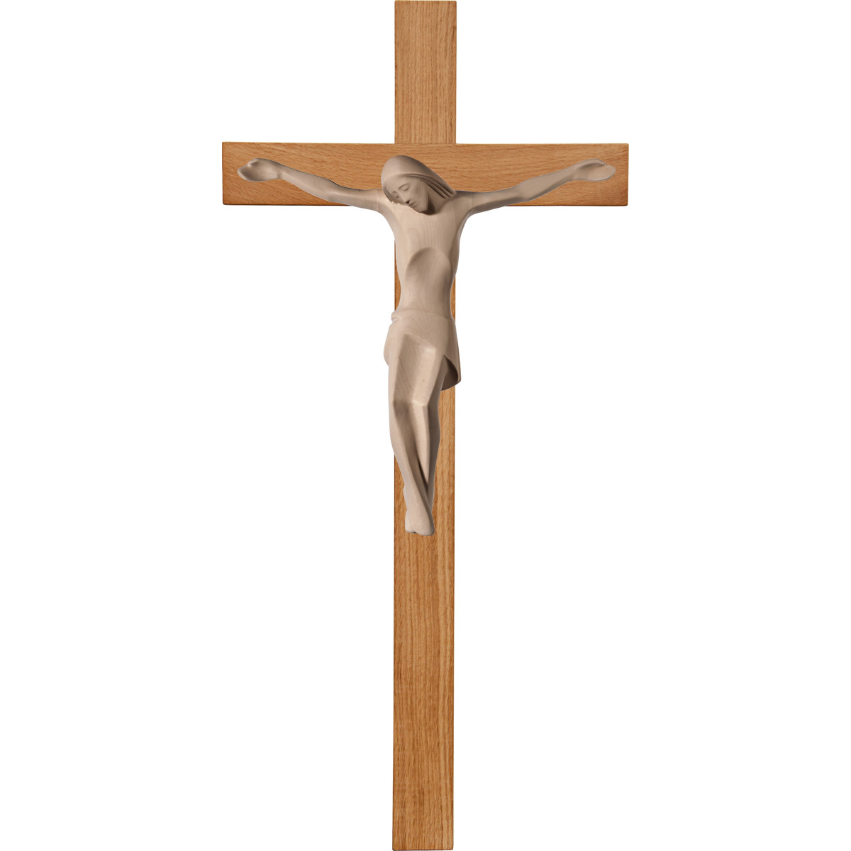 Cristo moderno ROMA en cruz de roble simple ancha